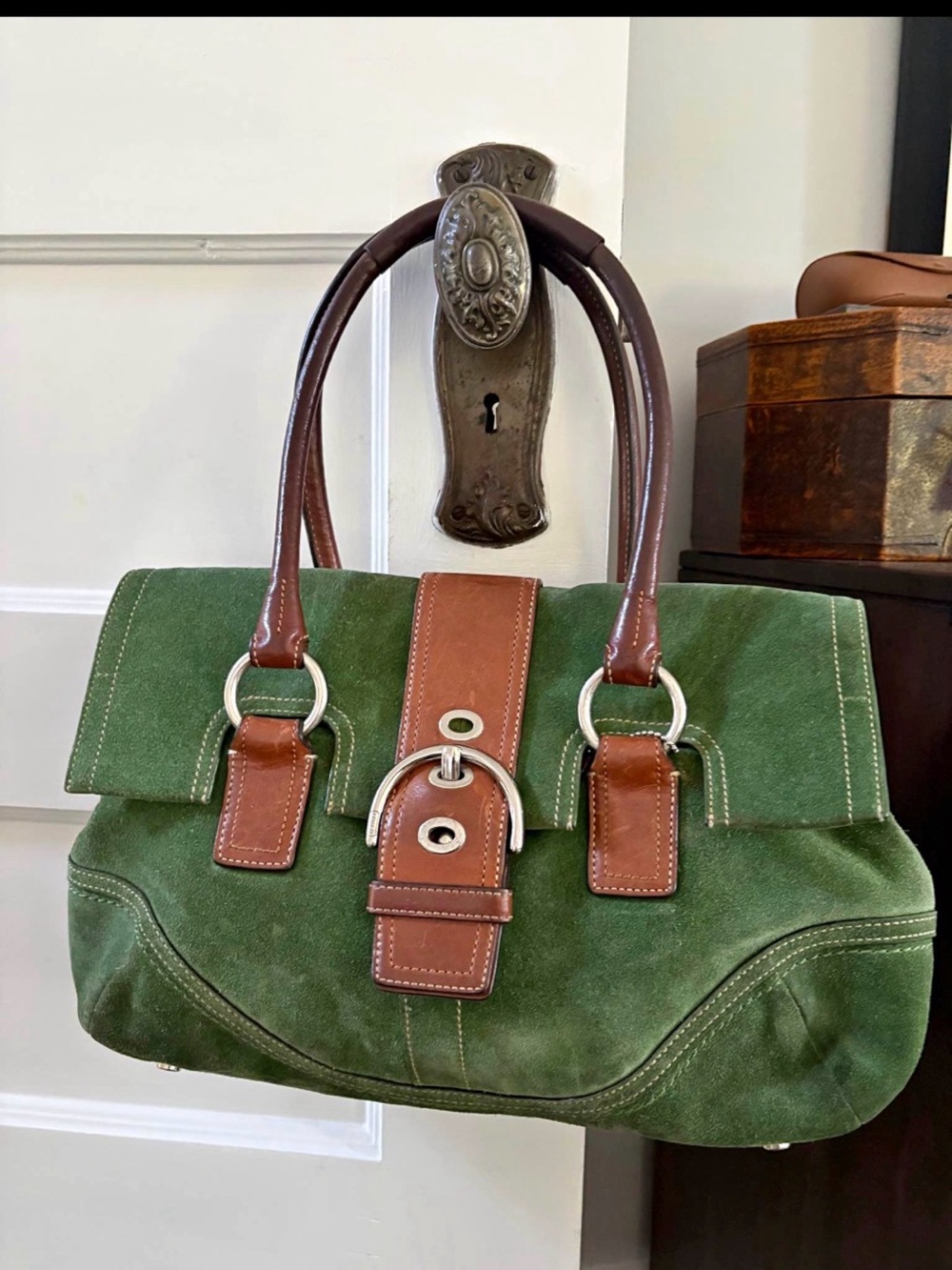 Vintage    Coach Olive Suede Satchel with Brown Leather Trim